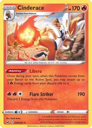 Cinderace (034) (034) 034 - Reverse Holofoil SWSH01 Sword & Shield Base Set - Holo Rare