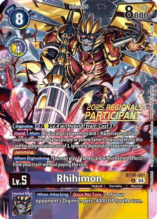 Rhihimon (2025 Regionals Participant) (BT18-081) - Release Special Booster 2.0 Foil