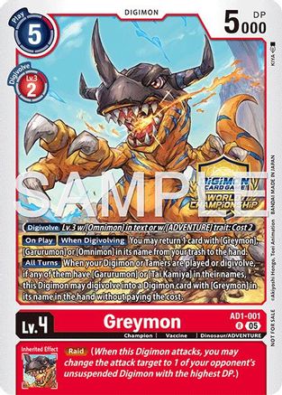 Greymon - AD1-001 (World Championship 26–27 Regionals Season 1) (AD1-001) - Advanced Booster Digimon Generation Foil