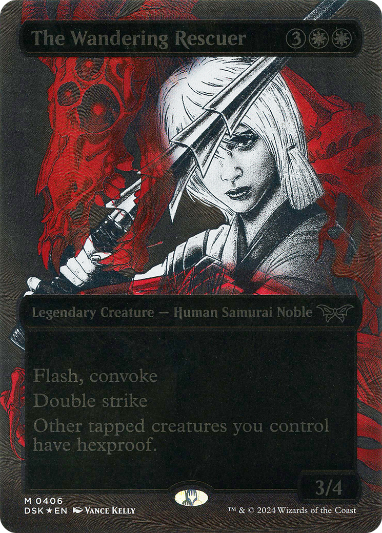 The Wandering Rescuer (Showcase) (Textured) (DSK-406) - Duskmourn: House of Horror: (Showcase) (Borderless) Foil