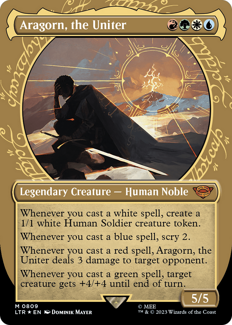 Aragorn, the Uniter (Showcase) (Surge Foil) (LTR-809) - The Lord of the Rings: Tales of Middle-earth: (Showcase) (Borderless) Foil