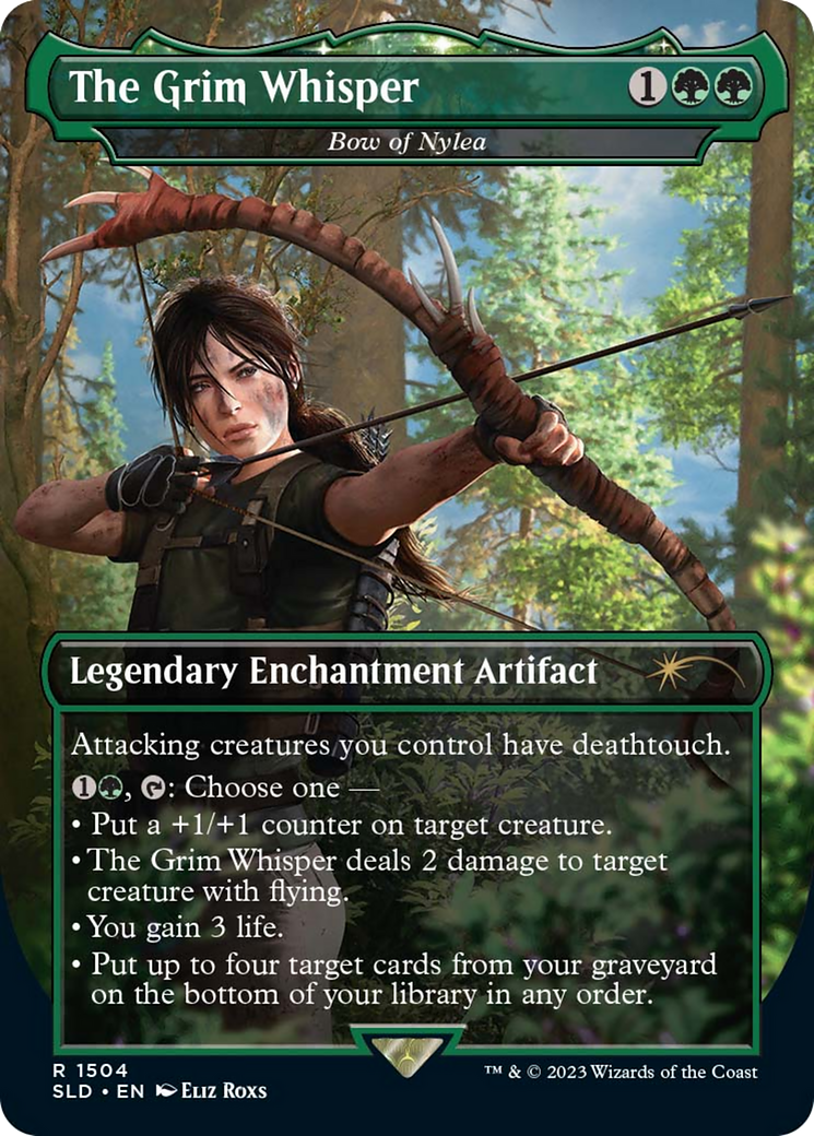 The Grim Whisper - Bow of Nylea (SLD-1504) - Secret Lair Drop / The Grim Whisper: (enchantment) (Borderless) Foil