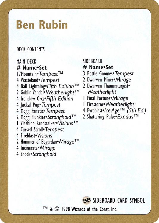 1998 Ben Rubin Decklist Card (WCD-) - World Championship Decks 1998