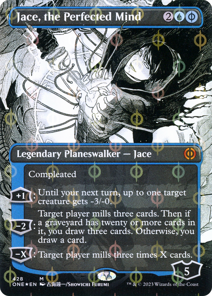 Jace, the Perfected Mind (Borderless) (Step-and-Compleat Foil) (ONE-428) - Phyrexia: All Will Be One: (Showcase) Foil